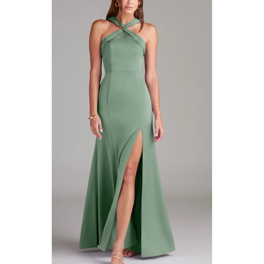Azazie Sage Green Halter Slit Bridesmaid Dress